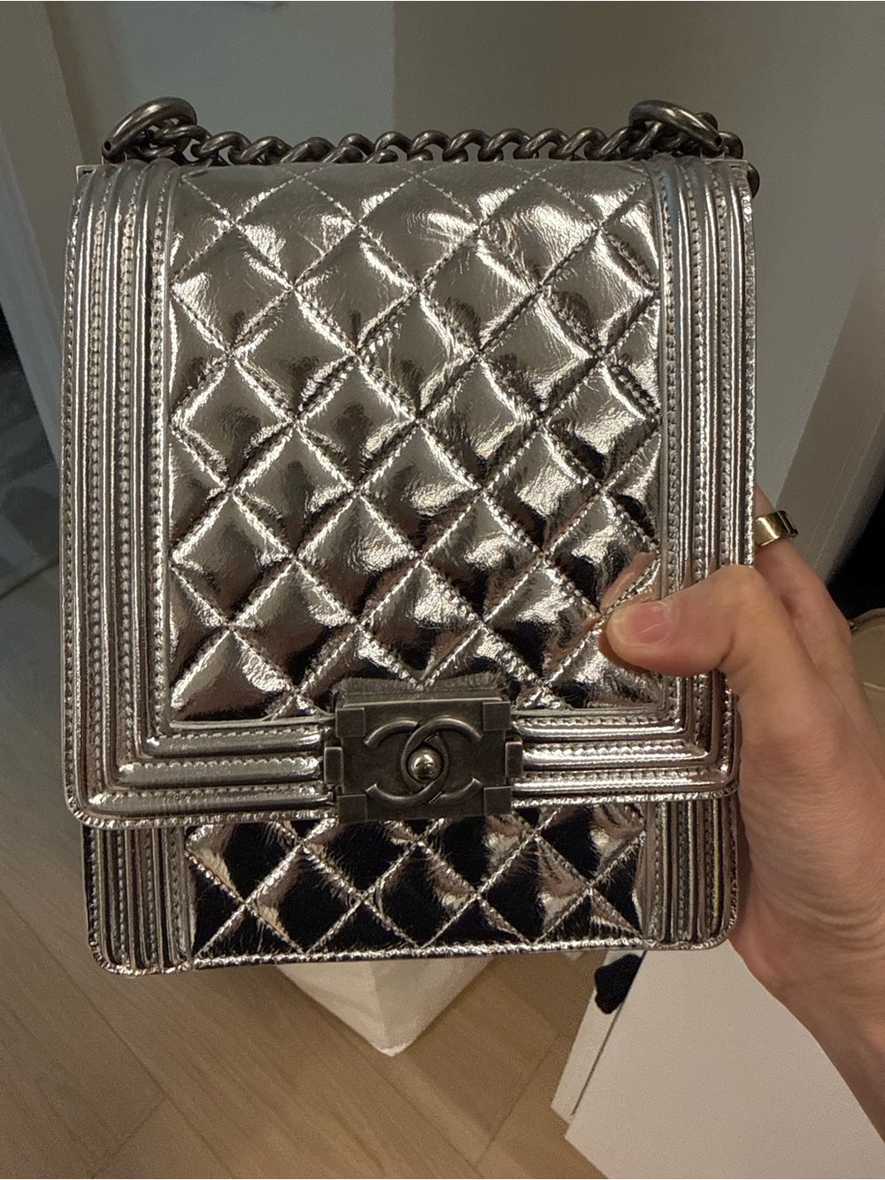 CHANEL Metallic Quilted Boy Shoulder Bag - Silver Mirror Finish